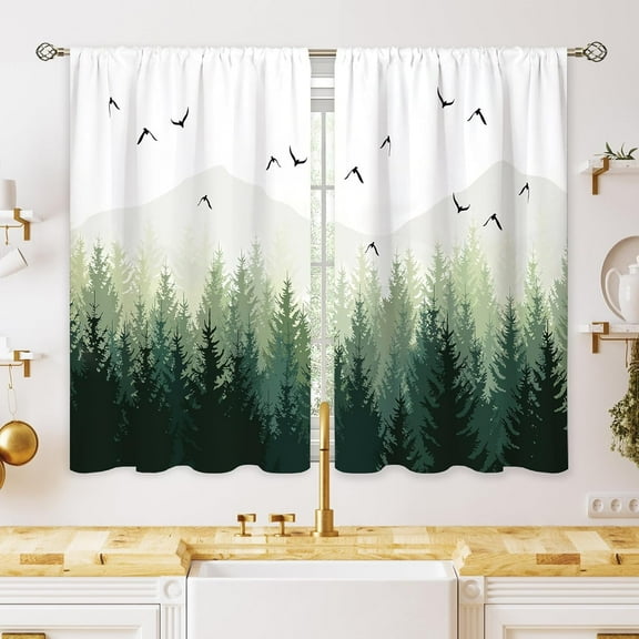 Green Misty Forest Natural Curtains Tree Woodland Rod Pocket Cafe Short Curtains for Bathroom Dining Room Laundry Room Mountain Tier Handle Curtains 28x40 Inch, 2 Pieces
