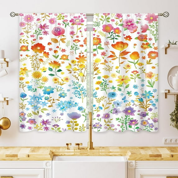 Colorful Boho Floral Small Kitchen Curtains Watercolor Flower Window Treatment Plant Bohemian Rod Pocket Cafe Short Window Curtains for Bathroom Dining Room Tier Treatment Drapes 28x40 inch