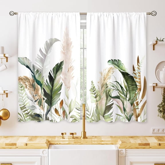 Tropical Leaves Green Plant Small Kitchen Curtains Summer Window Treatment Botanical Banana Leaf Cafe Short Window Curtains for Bathroom Dining Room Tier Treatment Drapes 28x40 inch