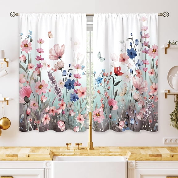 Pink Blue Flower Small Kitchen Curtains Spring Floral Window Treatment Wildflower Plant Rod Pocket Cafe Short Window Curtains for Bathroom Dining Room Herb Tier Treatment Drapes 28x40 inch