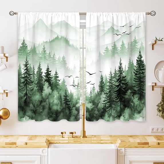 Green Misty Forest Small Kitchen Curtains Tree Mountain Window Treatment Woodland Landscape Rod Pocket Cafe Short Curtains for Bathroom Dining Room Men Tier Treatment Drapes
