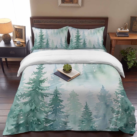 Green Misty Pines Queen Size Bed Set,Watercolor Country Plants Pattern Bedding for All Seasons,4 Pcs Bed Set,1 Quiltcover (90"x90"),1 Sheet (90"x102"),2 Pillowcases (20"x30")