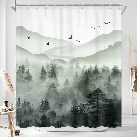 Green Misty Rainforest Shower Curtain for Bathroom Decor 72Wx72H Dark Grey Mens Nature Foggy Woodland Mountain Rustic Scenery Art Printed Fabric Polyester Waterproof 12 Pack Plastic Hooks
