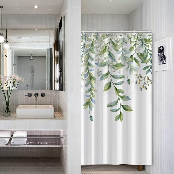 Green Mixed Light Blue Plant Stall Shower Curtain with 6 Hooks Sage Green Shower Curtain for Bathroom Waterproof Fabric 36x72 inch