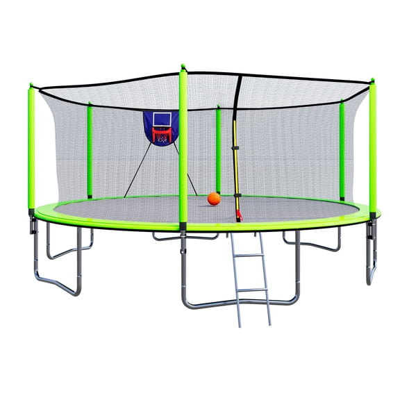 Green Modern 15FT Trampoline with Basketball Hoop Inflator with High-Density Foam Steel Build, Outdoor Durable Build, Easy to Install