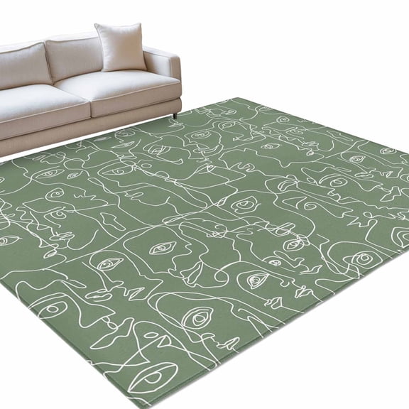 Green Modern Art Area Rugs 6x9ft White Abstract Line Human Face Minimalist Floor Rug Non Slip Low Pile Ultra Soft Throw Carpet for Entryway Indoor Entrance Kitchen Bathroom