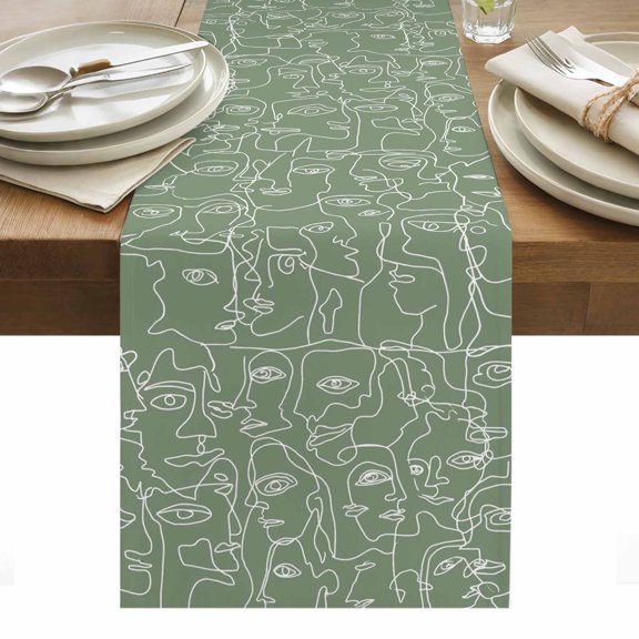 Green Modern Art Cotton Linen Table Runner White Abstract Line Human Face Minimalist Dining Table Runners for Home Decor Party Dining Room Restaurant Kitchen Party 13" x 36"