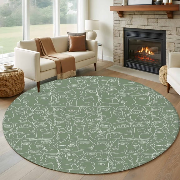 Green Modern Art Round Rugs for Living Room 7ft White Abstract Line Human Face Minimalist Non Slip Circle Rug Washable Low-Profile Indoor Carpet for Bedroom, Dining Room, Bathroom