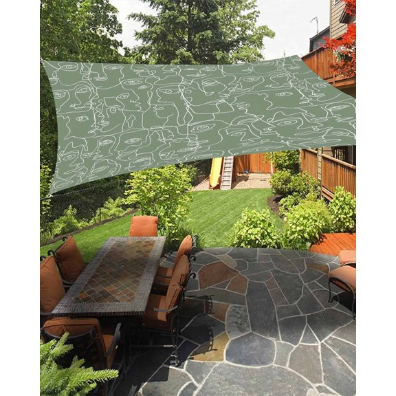 Green Modern Art Sun Shade Sail 12'X16' White Abstract Line Human Face Minimalist UV Block Outdoor Sail Shades Breathable Waterproof Rectangular Sunshade for Patio Garden Pool Pergola Porch