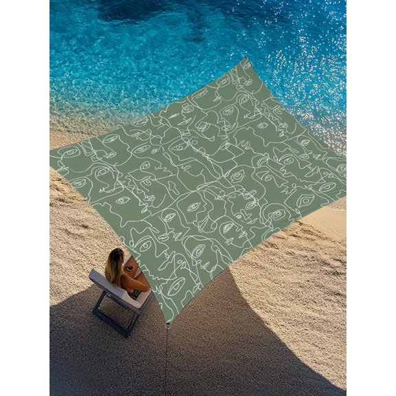 Green Modern Art Sun Shade Sail 6.5' x 10', White Abstract Line Human Face Minimalist Rectangle Outdoor Sunshade Canopy, Waterproof UV Block Patio Covers for Garden Yard Beach