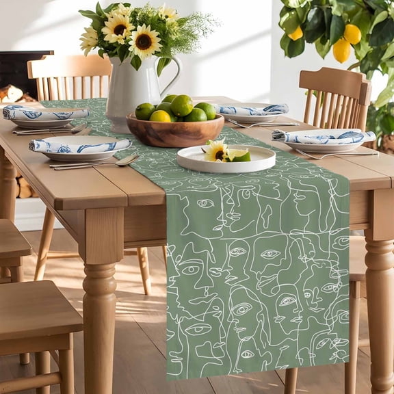 Green Modern Art Table Runner, White Abstract Line Human Face Minimalist Washable Kitchen Table Runners Dress Scarves for Dining Table Decorations Party/Restaurant/Indoor Outdoor Use, 13x36in