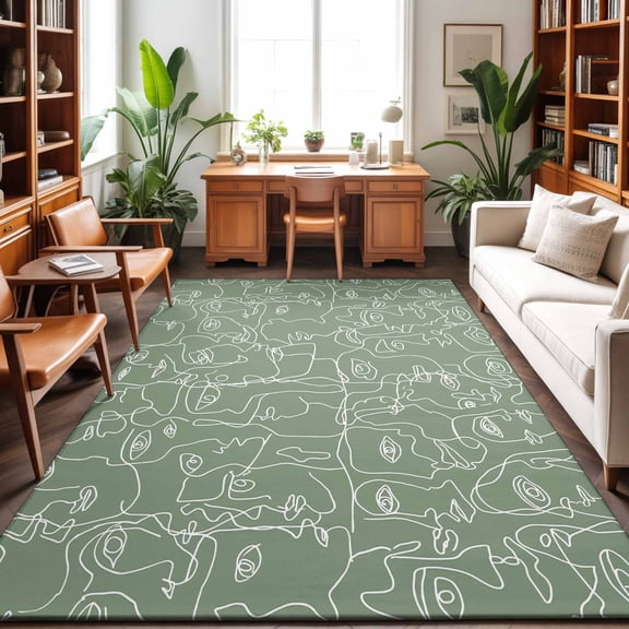 Green Modern Art Washable Area Rug 9 x 12 ft White Abstract Line Human Face Minimalist, Soft Non Slip Rugs Stain Repellent Indoor Felt Carpet for Living Dining Room Bedroom Home Office