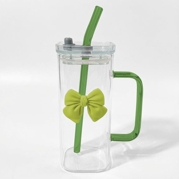 Green Modern Hydration Vessel Featuring A Secure Attached Handle And Detachable Decorative Accent Constructed With Durable Glass And Comes With A Convenient Sipping Straw