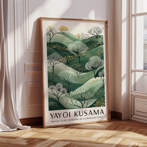 Green Modern Wall Art Print Nature Trees Blowing In Wind Rolling Hills Kusama Style Landscape For Living Room Decor Wall Art, Modern Wall Decor, 12x18 UNFRAMED