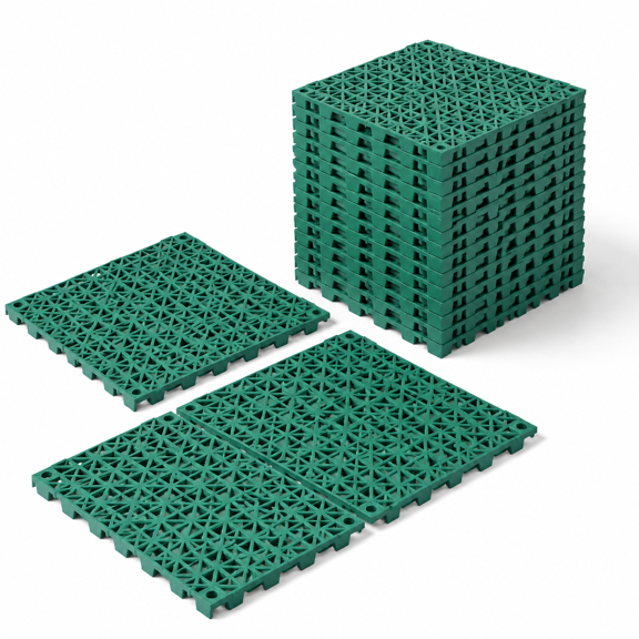 Green Modular Interlocking Floor Mats, 15.20 x 13.62 x 7.56 Inches, Soft PVC Non-Slip Drain Tiles