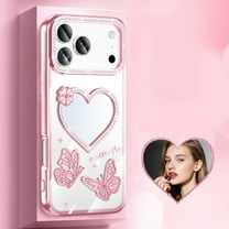 ELEHOLD For iPhone 17 Pro Max Back Cover with Mirror Design, Non-Slip Lightweight Flexible 3D Butterfly Heart Pattern Makeup Mirror Protective Case Cover For Girl Women,Pink