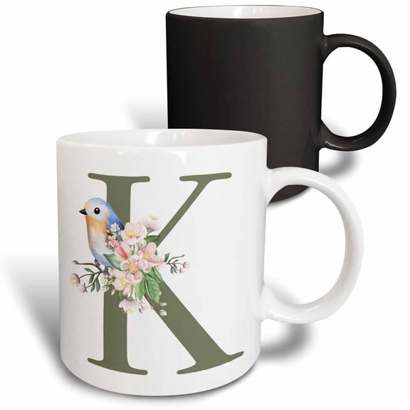 3drose, Green Monogram Initial K Pretty Floral and Bird, 11oz Magic Transforming Mug