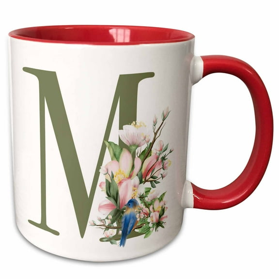 3drose, Green Monogram Initial M Pretty Floral and Bird, 15oz Two-tone Red Mug