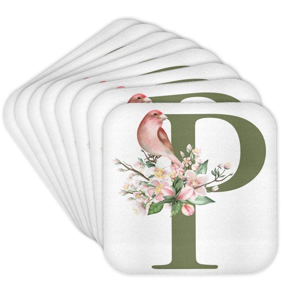 3drose, Green Monogram Initial P Pretty Floral and Bird, Set of 8 Coasters - Soft