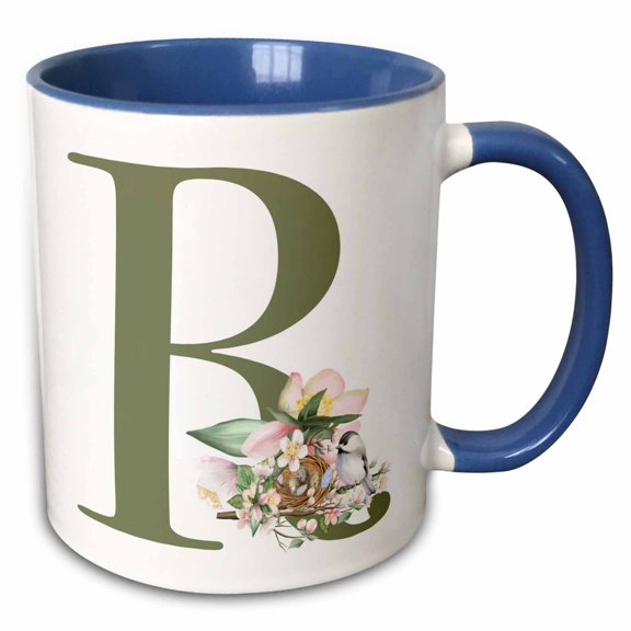 3drose, Green Monogram Initial R Pretty Floral and Bird, 15oz Two-tone Blue Mug