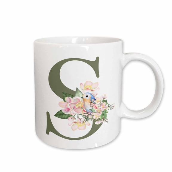 3drose, Green Monogram Initial S Pretty Floral and Bird, 11oz Mug