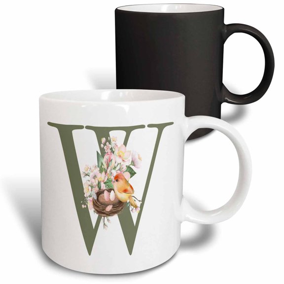 3drose, Green Monogram Initial W Pretty Floral and Bird, 11oz Magic Transforming Mug
