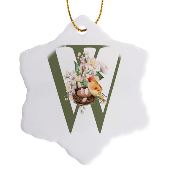 3drose, Green Monogram Initial W Pretty Floral and Bird, 3 inch Snowflake Porcelain Ornament