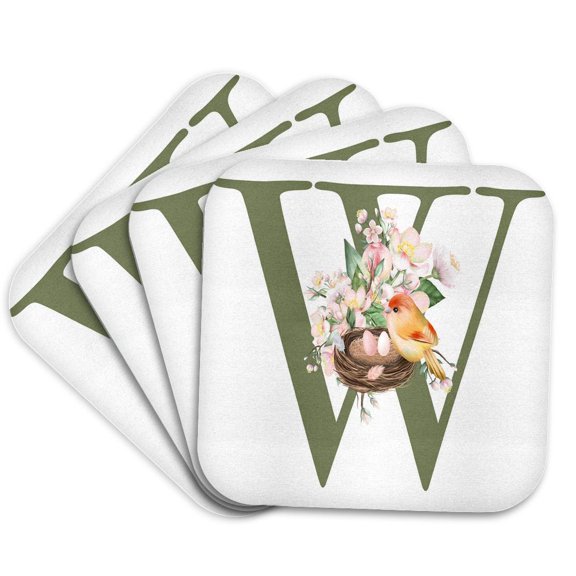 3drose, Green Monogram Initial W Pretty Floral and Bird, Set of 4 Coasters - Soft