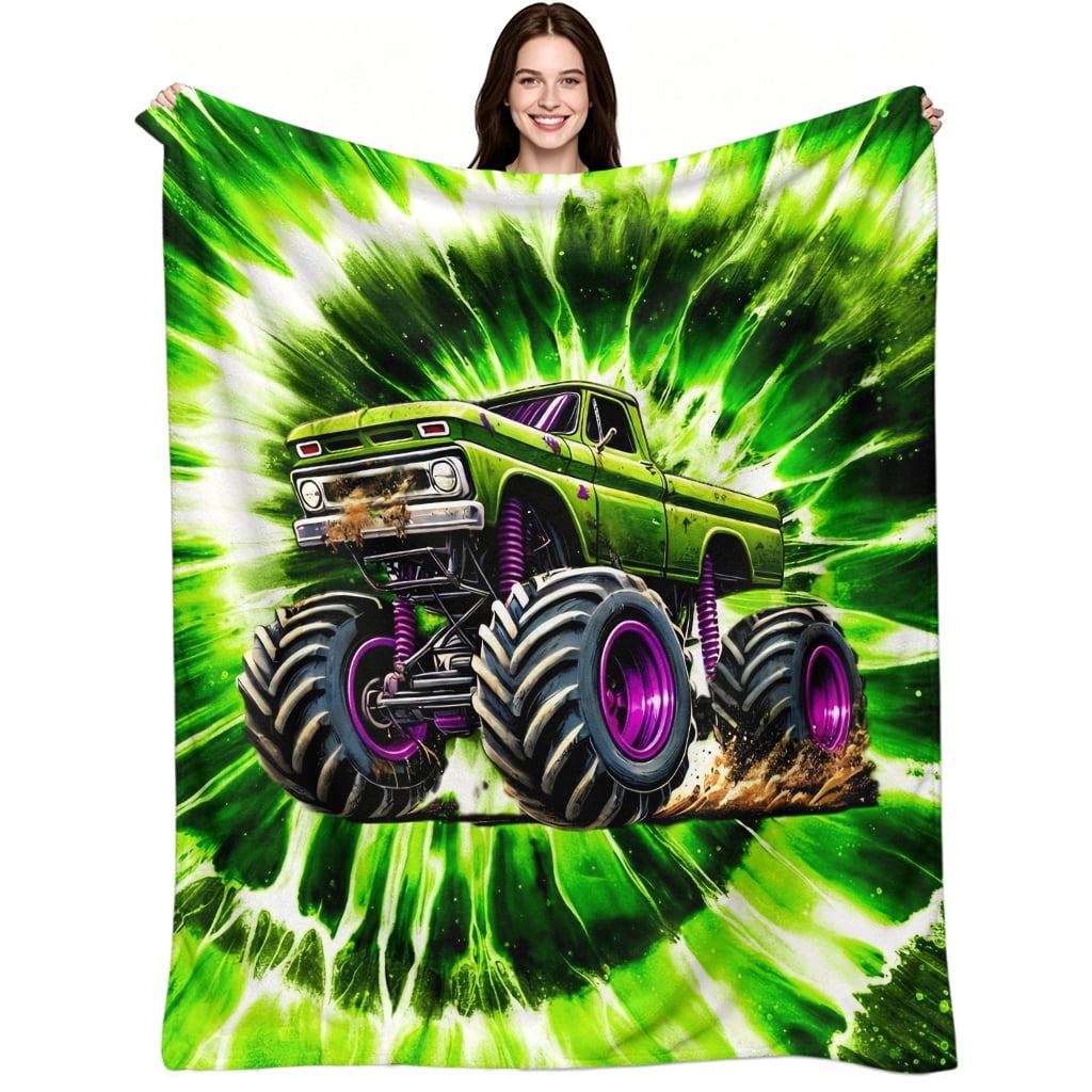 Green Monster Truck Flannel Throw Blanket, Lifted Mud Bogging Purple ...