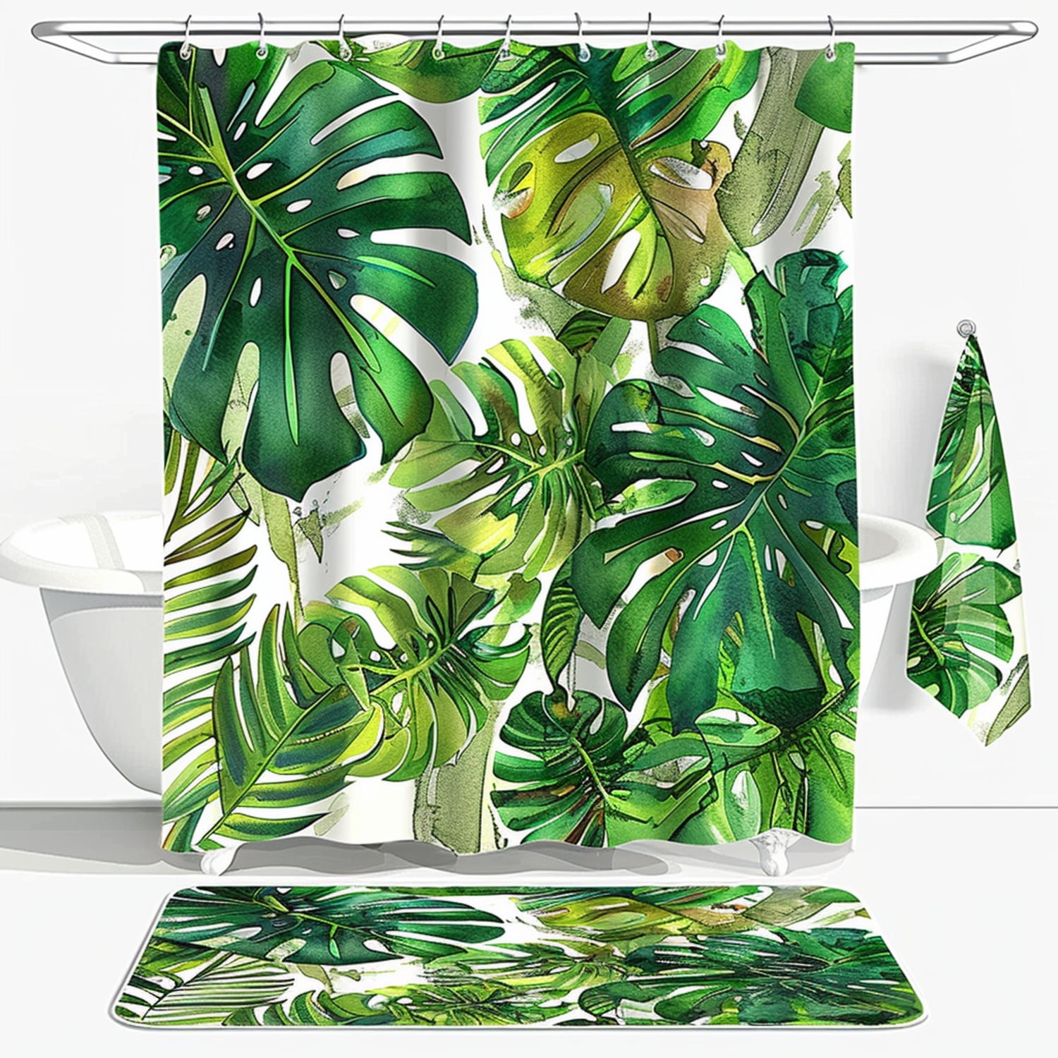 Green Monstera Leaf Bathroom Curtain Set Tropical Leaves Decor by Mary ...