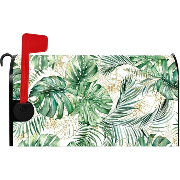 Green Monstera Leaf Mailbox Cover Palm Leaves Golden Botanical Plants Floral Mailbox Cover Magnetic Standard Size 18x21 Inch Tropical Floral Mail Box Cover Waterproof Fabric Mailbox Cover