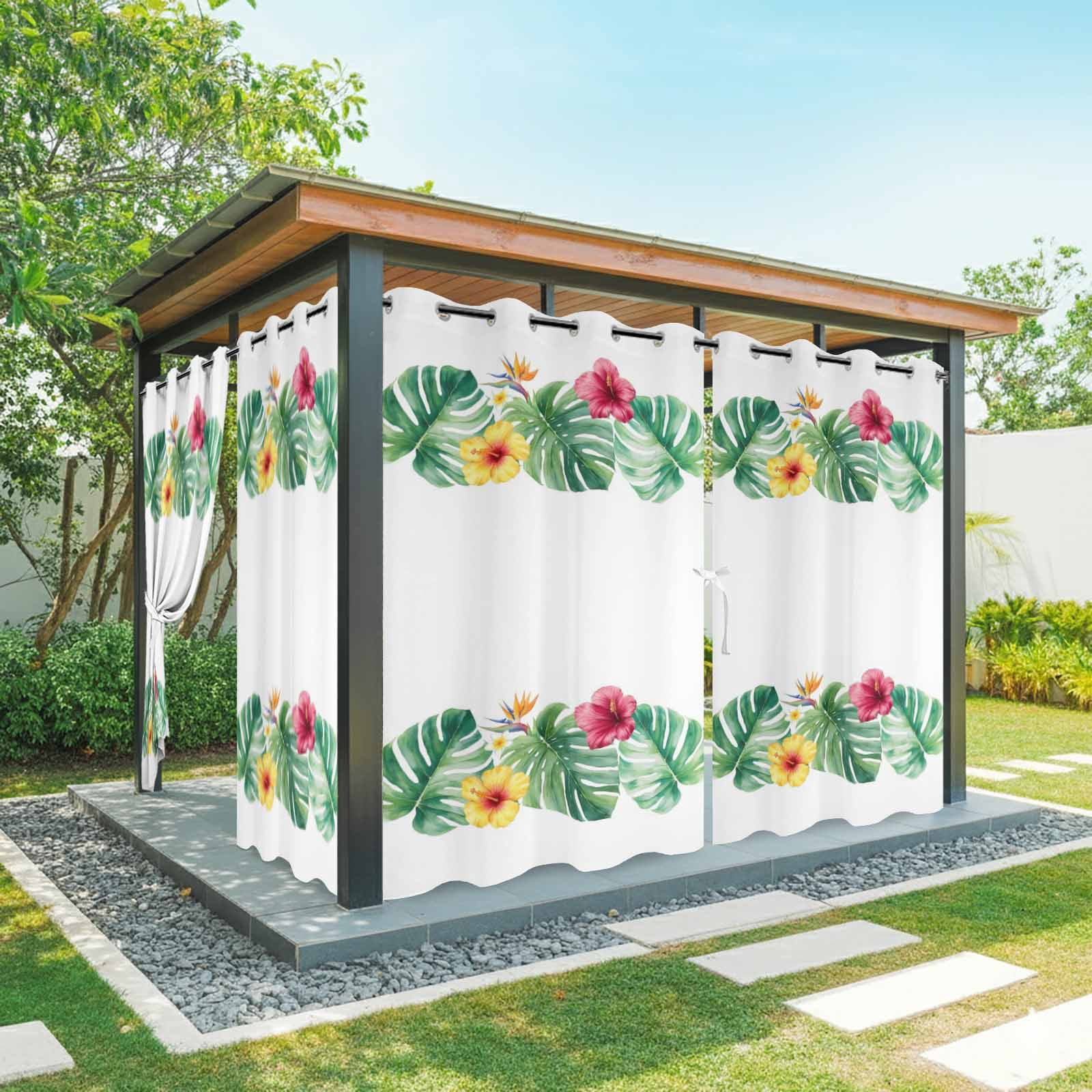 Green Monstera Leaf Outdoor Curtains for Patio, Yellow Flower Summer Tropical Plant Sunshade Privacy Drapes Grommet Waterproof Outside Curtains for Porch/Cabana/Balcony 54"x 108", 1 Panel