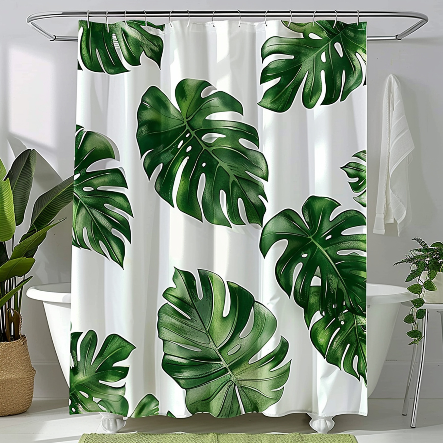 Green Monstera Leaf Tropical Print Shower Curtain White Background