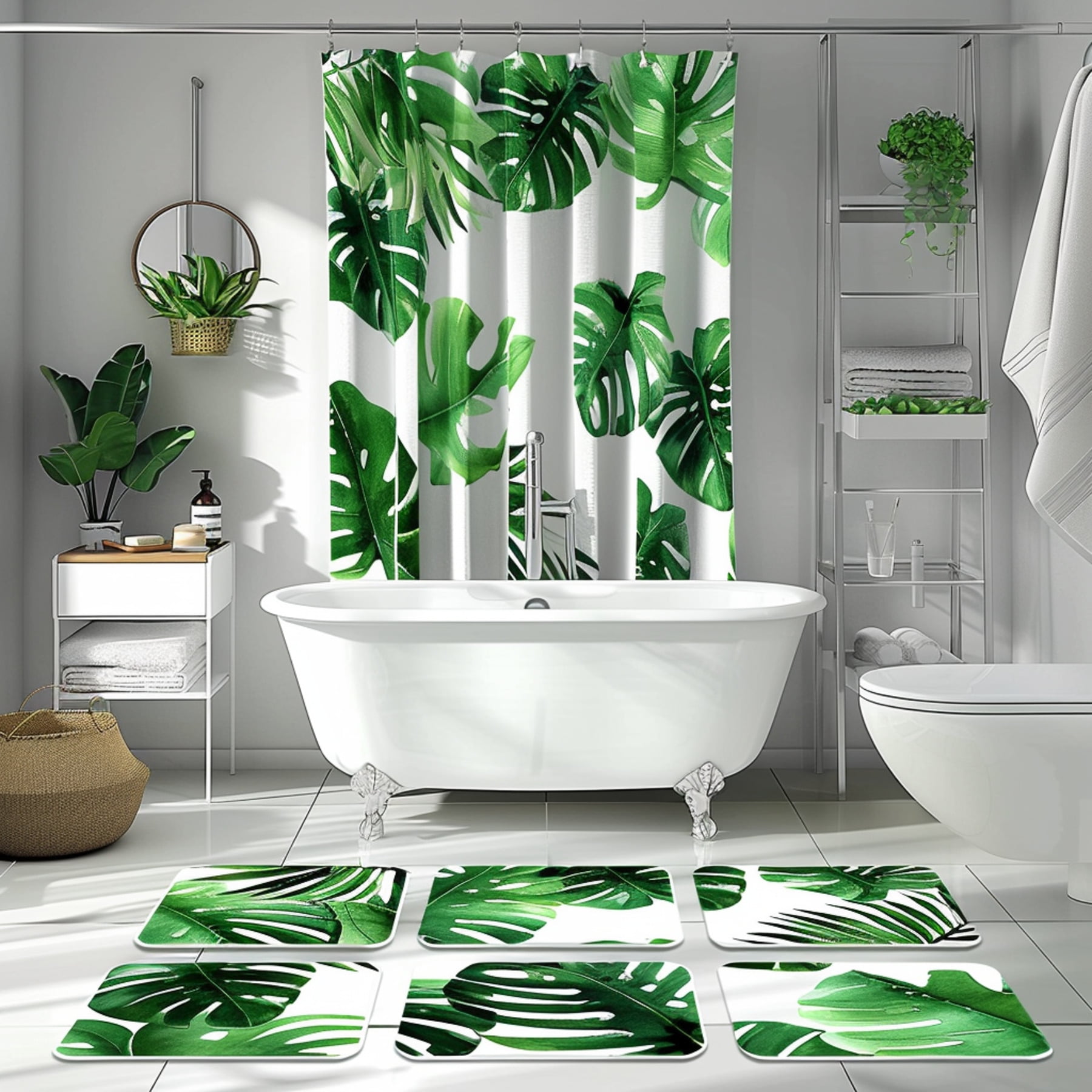 Green Monstera Leaf Tropical Rainforest Bathroom Decor Set with Soft ...