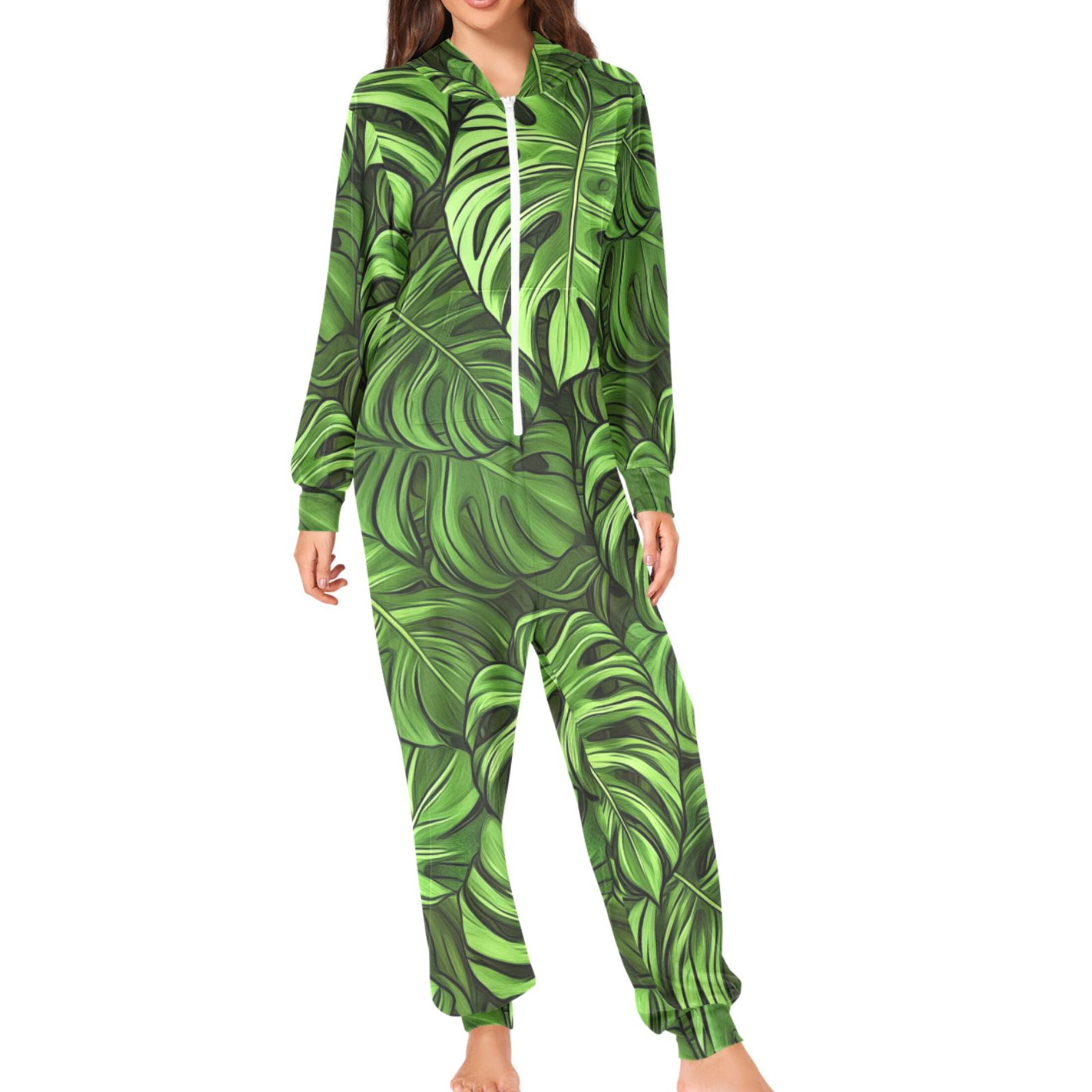 GETWELL Green Monstera Leaves Adult's Hoodie Onesie Jumpsuit One-Piece Pajamas with Zipper Unisex for Holiday L, Adult Unisex, Size: Large