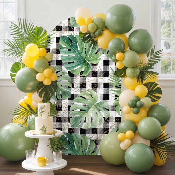 Green Monstera Leaves Arch Backdrop Cover, 4FT, Rustic Black Plaid Tropical Botanical Spandex Arch Covers Double-Sided Backdrop for Wedding Birthday Party Photo Background Decoration