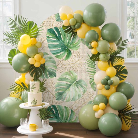 Green Monstera Leaves Arch Backdrop Cover, 4FT, Rustic Summer Tropical Botanical Spandex Arch Covers Double-Sided Backdrop for Wedding Birthday Party Photo Background Decoration