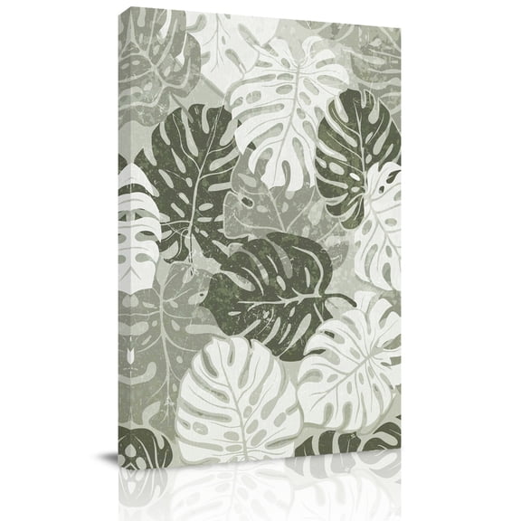Green Monstera Leaves Canvas Wall Art for Living Room, Botanical Summer Tropical Plant Retro Wall Decor Framed Artwork Pictures Ready to Hang for Bedroom Office Home Decor