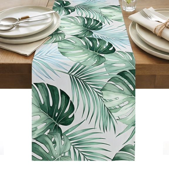 Green Monstera Leaves Cotton Linen Table Runner Mint Palm Fronds Ferns Tropical Foliage Plant Dining Table Runners for Home Decor Party Dining Room Restaurant Kitchen Party 13" x 36"