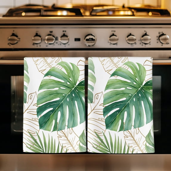 Green Monstera Leaves Kitchen Towels Set of 3, Tropical Summer Botanical Absorbent Dish Towels for Kitchen, Microfiber Hand Towel, Quick Drying Tea Towel for Cleaning Decorative Dishcloths