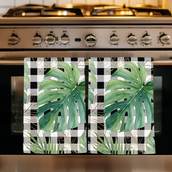 Green Monstera Leaves Kitchen Towels Set of 4, Black Check Tropical Summer Botanical Absorbent Dish Towels for Kitchen, Microfiber Hand Towel, Quick Drying Tea Towel for Cleaning Dishcloths