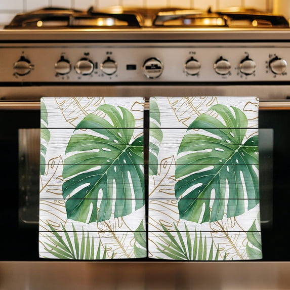 Green Monstera Leaves Kitchen Towels Set of 4, Grey Wooden Tropical Summer Botanical Absorbent Dish Towels for Kitchen, Microfiber Hand Towel, Quick Drying Tea Towel for Cleaning Dishcloths