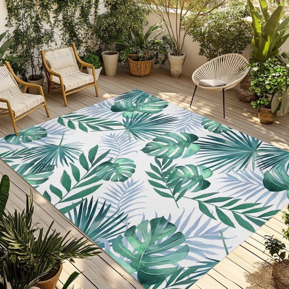 Green Monstera Leaves Outdoor Rug for Patio/Deck/Porch, Non-Slip Large Area Rug 3 x 5 Ft, Tropical Blue Palm Leaf Botanical Summer Indoor Outdoor Rugs Washable Area Rugs, Camping Rug Carpet Runner