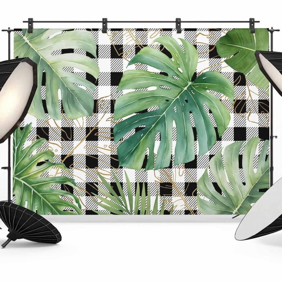 Green Monstera Leaves Photography Backdrop 10x8FT, Rustic Black Plaid Tropical Botanical Photo Backdrops, Background for Photography Studio Photo Studio Background, Back Drop for Photoshoot