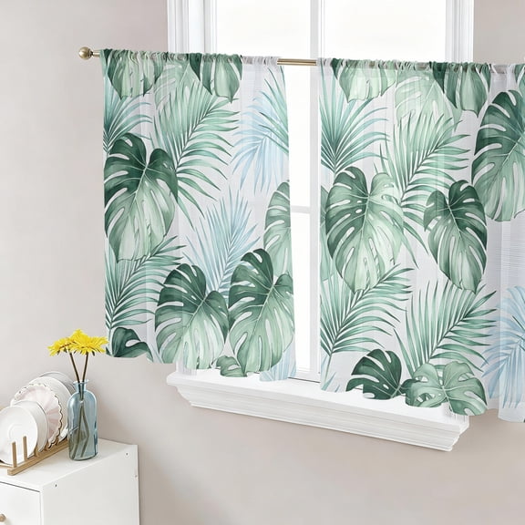 Green Monstera Leaves Sheer Curtains for Living Room Bedroom, Mint Palm Fronds Ferns Tropical Foliage Plant Light Filtering Sheer Curtain Rod Pocket Voile Window Treaments Drapes, 52 x 45 Inches
