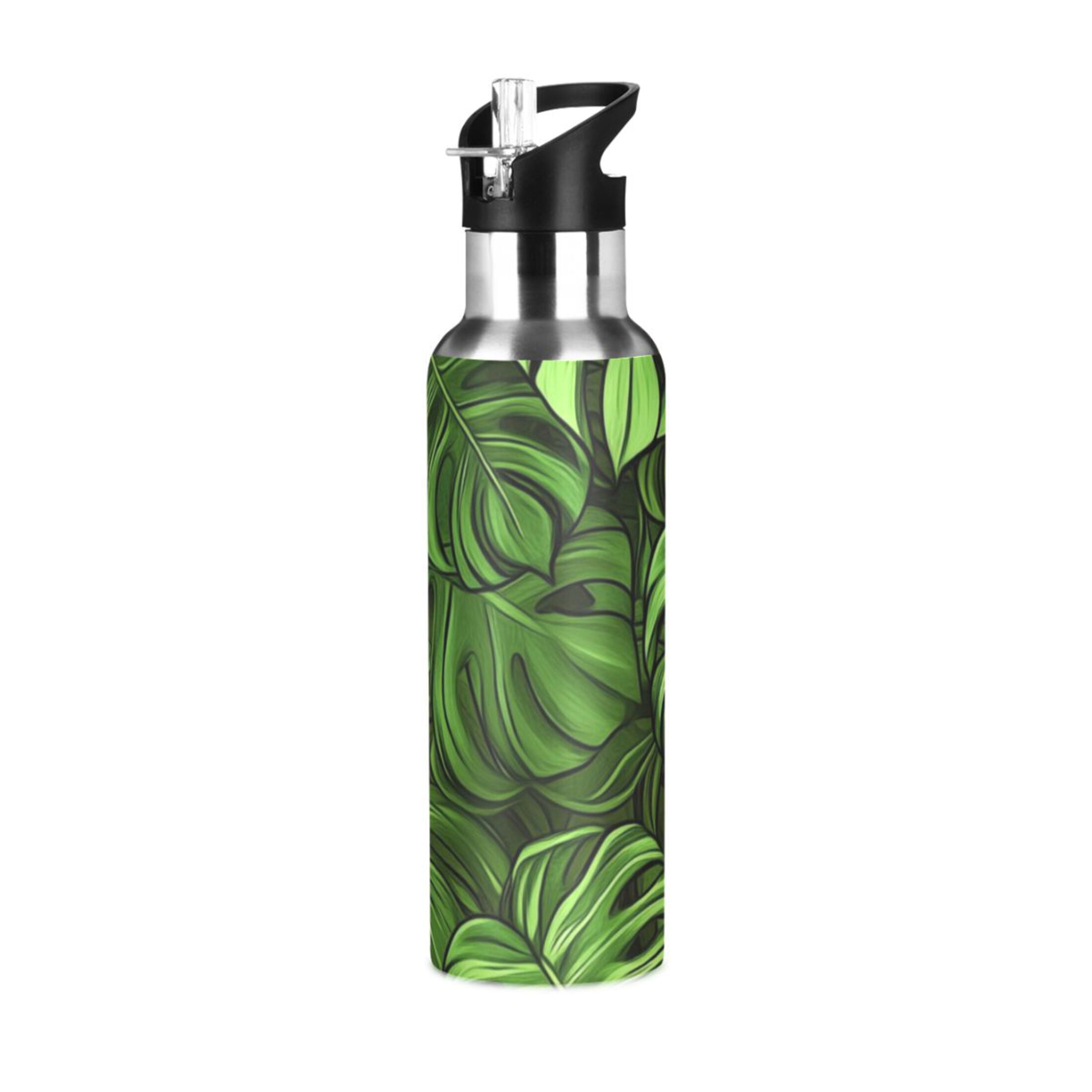 Green Monstera Leaves Sports Bottle with Straw Stainless Steel Water Jug Portable Thermal Cup Leak-proof 1000ML