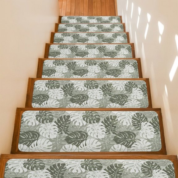 Green Monstera Leaves Stair Treads Non Slip for Steps Botanical Summer Tropical Plant Retro 4 Pcs Reusable Adhesive Stair Runner Mats for Dogs Elders Carpet Treads Rugs for Staircase 8x30 In