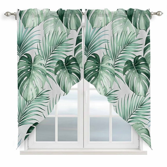 Green Monstera Leaves Swag Valances for Windows 2 Pack Mint Palm Fronds Ferns Tropical Foliage Plant Swag Kitchen Curtains 36 Inches Long Rod Pocket Short Window Curtain for Kitchen Bathroom 36"x36"