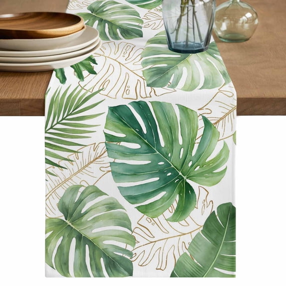 Green Monstera Leaves Table Runner 70 Inches, Tropical Summer Botanical Bed Runner Dresser Scarves Tabletop for Indoor Outdoor Parties/Ceremony/Banquet, 13" x 70"
