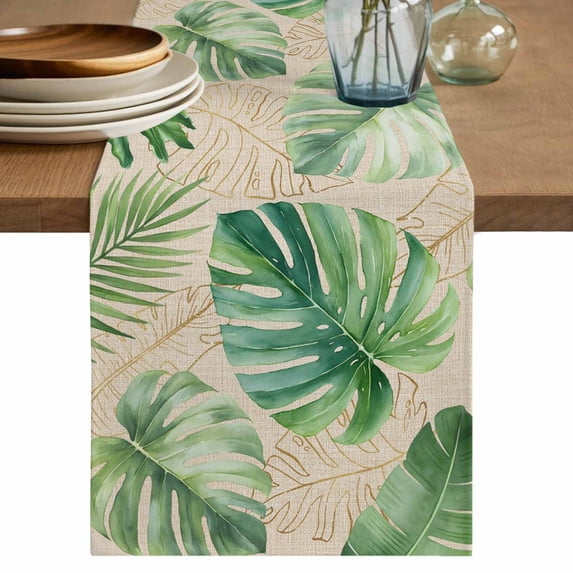 Green Monstera Leaves Table Runner 72 Inches, Beige Linen Tropical Botanical Bed Runner Dresser Scarves Tabletop for Indoor Outdoor Parties/Ceremony/Banquet, 14" x 72"